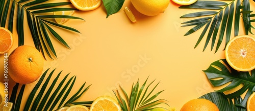 Composition for summer with tropical palm leaves and citrus fruits on a blank yellow paper set against a yellow background, representing the summer concept.