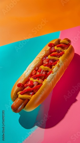 A hot dog topped with ketchup and mustard on a bun, ready to be eaten