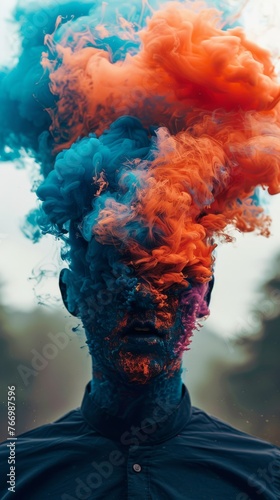 A man standing with a vibrant cloud of colored smoke floating above his head