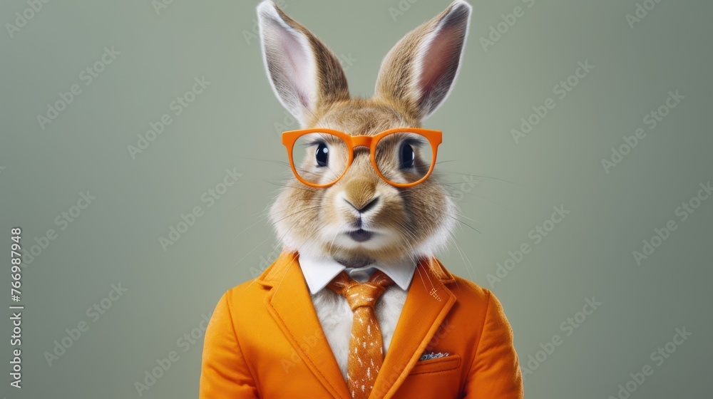 Rabbit dressed in an elegant orange suit, tie and glasses - obrazy, fototapety, plakaty 