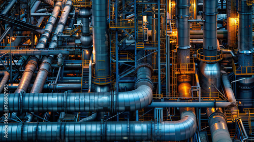 A large industrial pipe system with many different pipes and valves. Concept of complexity and organization, as the pipes are arranged in a way that suggests a well-planned and efficient system
