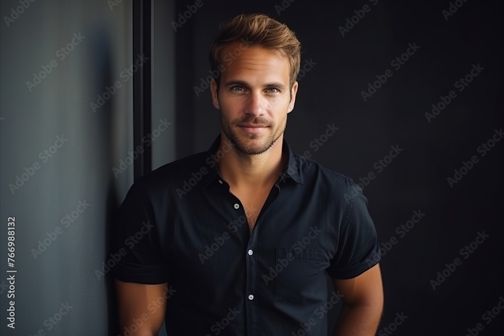 Portrait of a handsome young man standing against a black wall.