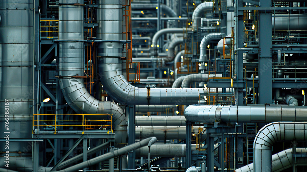 A large industrial plant with many pipes and a lot of metal. The pipes are connected to each other and are of different sizes. Concept of industrialization and complexity