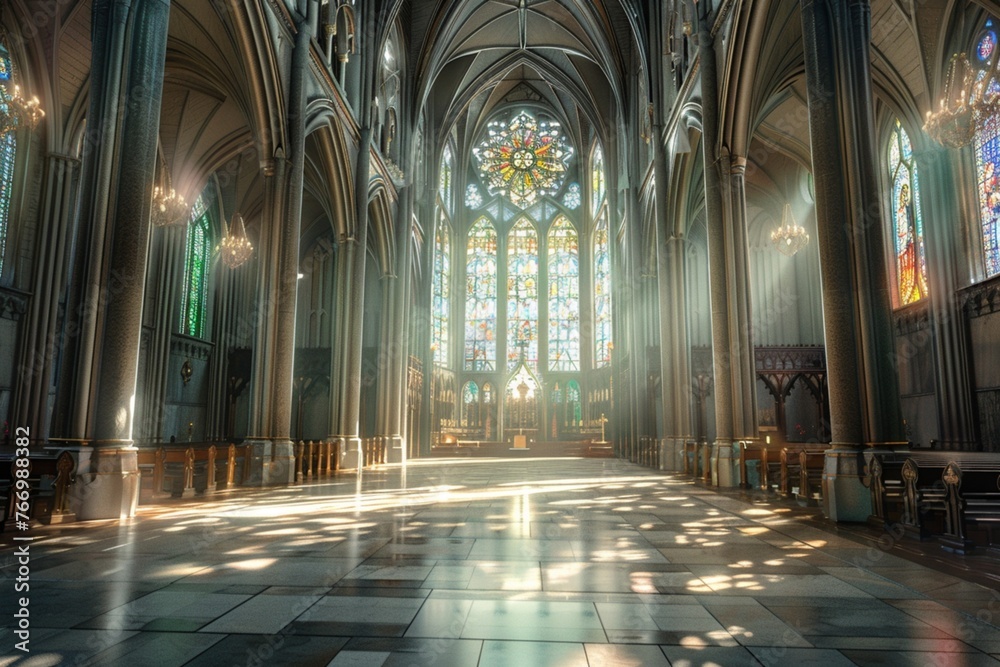 A grand cathedral with intricate architecture and stained glass windows, 8k, realistic, full ultra HD, high resolution, cinematic