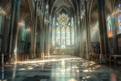 A grand cathedral with intricate architecture and stained glass windows, 8k, realistic, full ultra HD, high resolution, cinematic