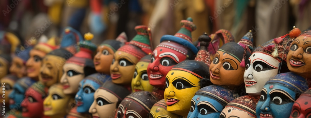 Fototapeta premium wide background banner of Colorful human face mask dummies hanging on streets in Hindu cultural event Dussehra festival