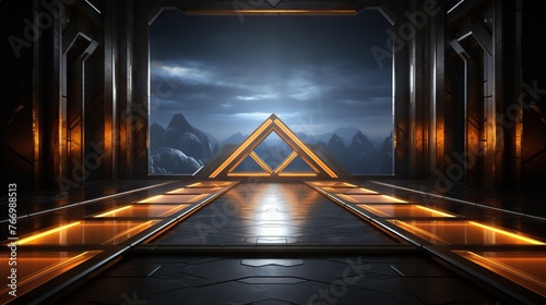 A sci-fi corridor with illuminated triangles leading to a mountainous landscape photo