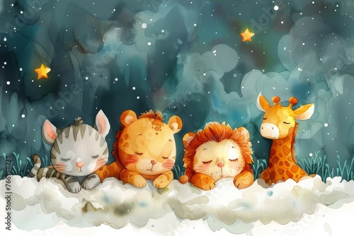 A watercolor illustration of safari animals including a baby elephant  lion  tiger  zebra  rhinoceros and giraffe in the clouds and stars.