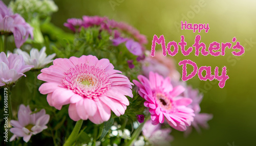 Mothers day card with flower bouquet isolated on blur green background.