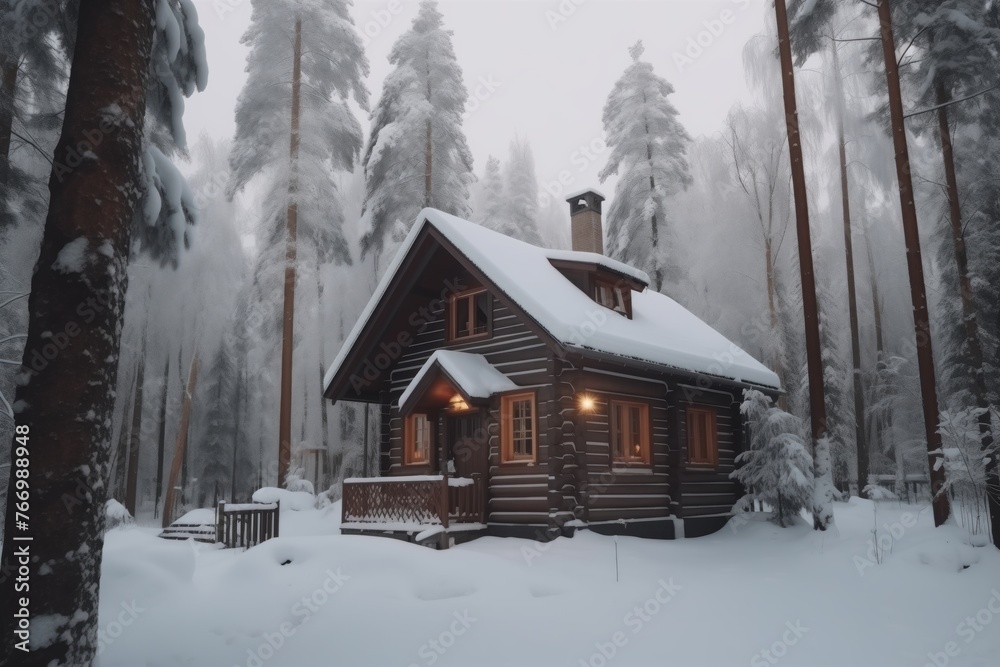 Cozy wooden house in a snowy forest during winter. It radiates coziness, warm home and tranquility, offering a serene retreat amidst the wintry landscape. Cozy wooden house in a snowy forest during winter. It radiates coziness, warm home and tranquility, offering a serene retreat amidst the wintry landscape.