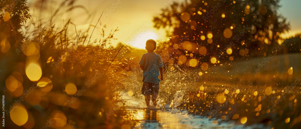 A young boy is splashing in a field of grass, warm glow scene A young boy is splashing in a field of grass, warm glow scene