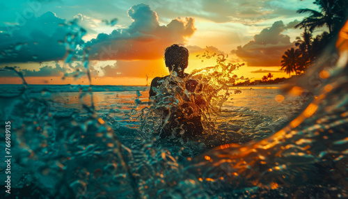 A person is in the ocean, splashing water around them at the sunset