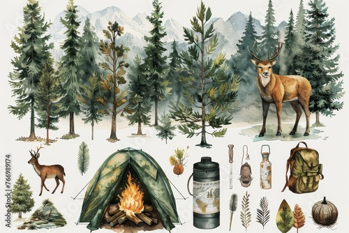 An illustration with camping and hiking themed elements - tents, campfires, maps, and wild animals. Perfect for scrapbooking, crafts, posters, tags, and sticker kits. photo