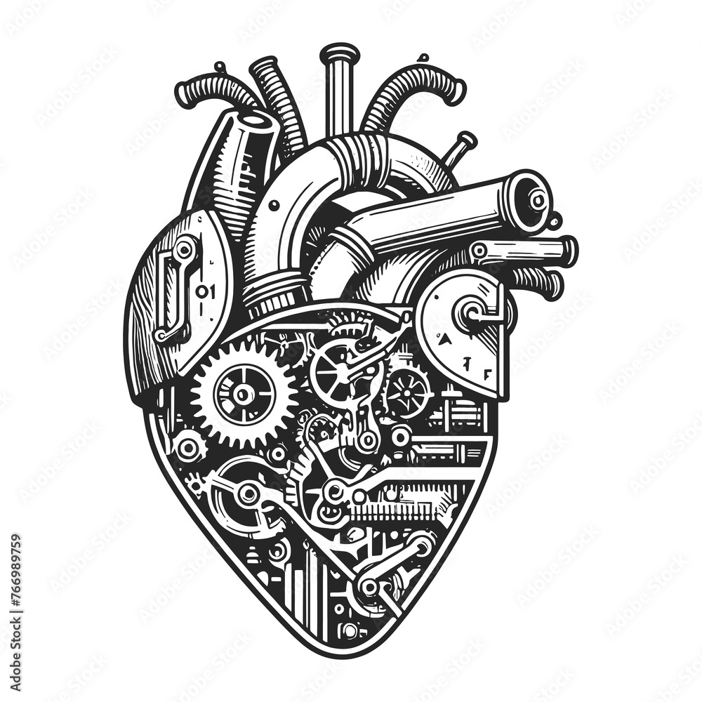 heart with intricate steampunk gears and mechanical components. Sketch engraving generative ai raster illustration. Scratch board imitation. Black and white image. - obrazy, fototapety, plakaty 