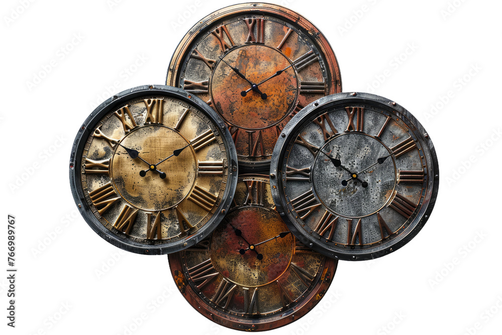 Group of Three Clocks Stacked. On a Clear PNG or White Background.
