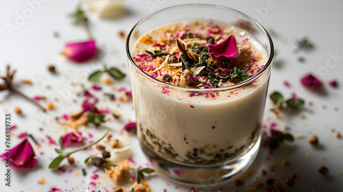 yogurt with berries,Greek yogurt parfait with honey and granola, a calcium-rich and probiotic meal option. Concept of balanced and wholesome breakfasts. Generative Ai.