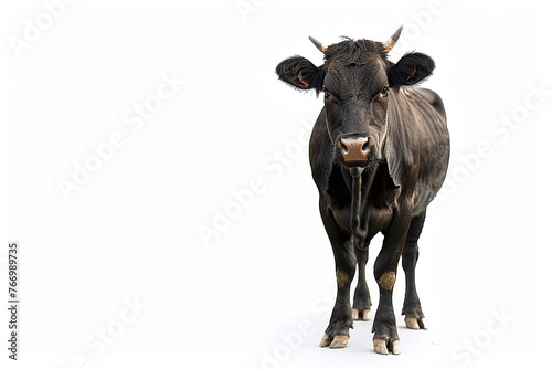 Black cattle cow standing isolated on white background, front view looking at camera, full body shot.