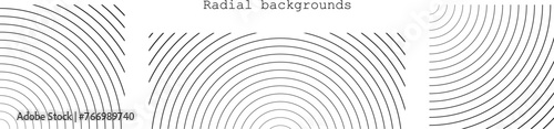 Sound wave irradiation or circular vibrations on the water surface. Set or circular stripe backgrounds. Abstract radial pattern. Square and rectangular monochrome backdrops. Vector illustration.