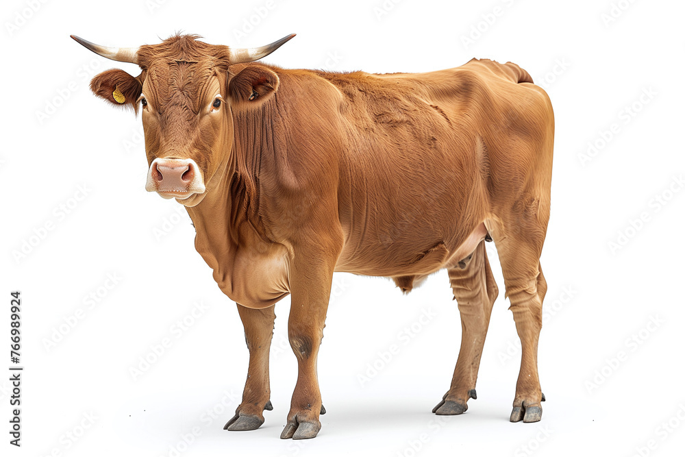 Brown or red cattle cow standing isolated on white background, side view, full body shot.