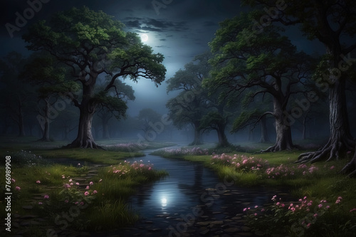 Beautiful evening landscape with flowers next to small stream. Dark mode colors. Generated AI