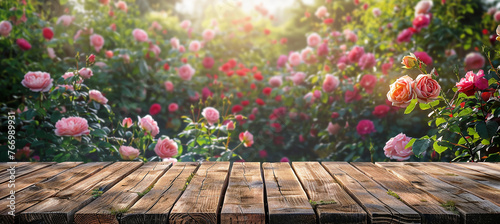 Empty wooden table on rose garden background © Oleksandr