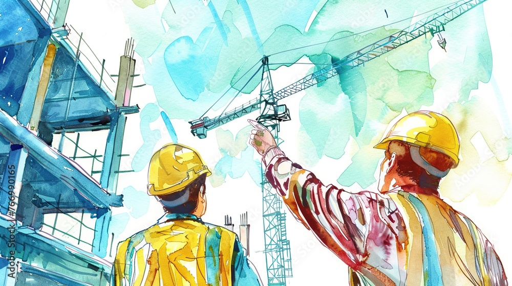 watercolor painting of a construction engineer Monitoring progress and supervising work in the field. - obrazy, fototapety, plakaty 