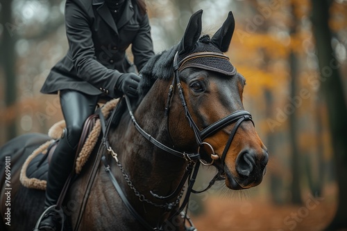 A male equestrian is saddled up for dressage on training or competition - Unrecognizable closeup, focusing on the hands, saddle, reins, and mane. Concept of pet owners and people who enjoy animals. © Diana