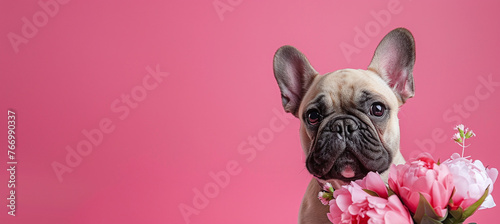 cute french bulldog with a bouquet of pink flowers on a pink background