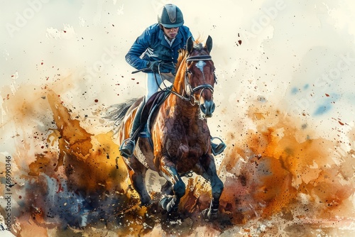 An illustration of a horserider. Hand drawn. A poster of a horserider set in a sport background. © Diana