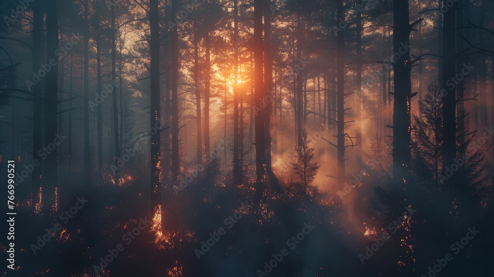 Forest fire burns through the trees.