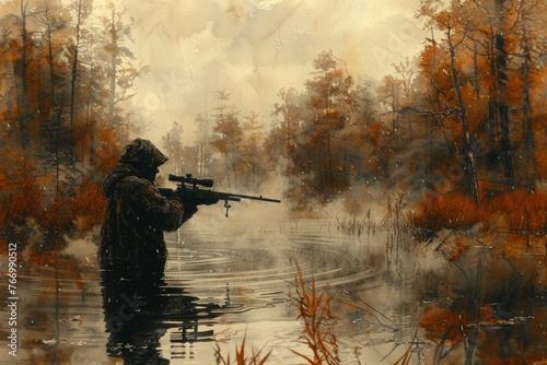 During hunting season, a hunter creeps through a swamp