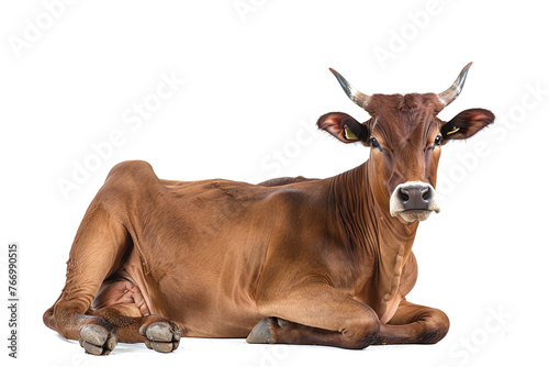 brown cattle cow sitting on floor isolated on white background, side view looking at camera, full body shot.