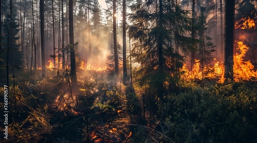 Forest fire burns through the trees in the early morning.