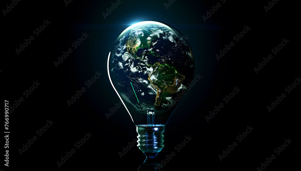 An illustration of a light bulb with the Earth inside, symbolizing sustainable energy and environmental care. This concept represents green energy with a focus on protecting the Earth. Copy space. An illustration of a light bulb with the Earth inside, symbolizing sustainable energy and environmental care. This concept represents green energy with a focus on protecting the Earth. Copy space.