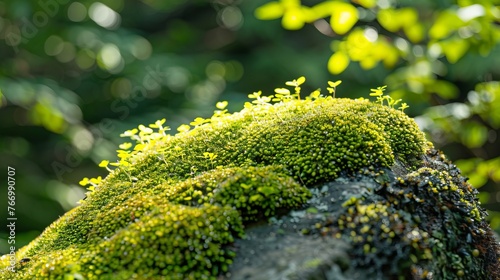 Moss grows on rock in the forest.