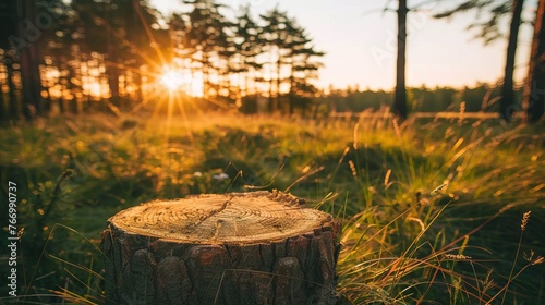 Stump stands in field of grass with trees and the sun shining in the background.