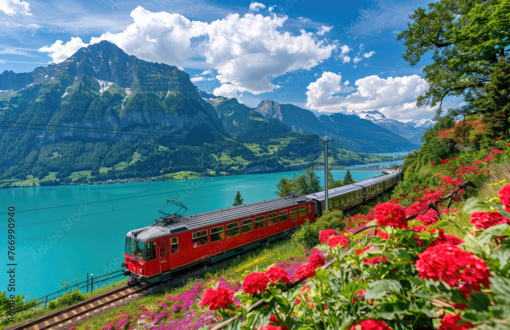 A red train is driving on the tracks in front of snowy mountains, with green grass and yellow flowers growing along both sides of the track. The Eiger Mountain is behind it in the swiss alps.