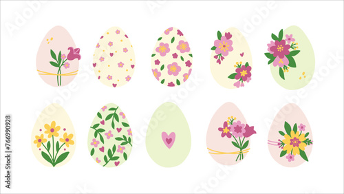 Easter Eggs. Set of vector simple modern illustrations in flat style. Colored Easter eggs with spring flowers