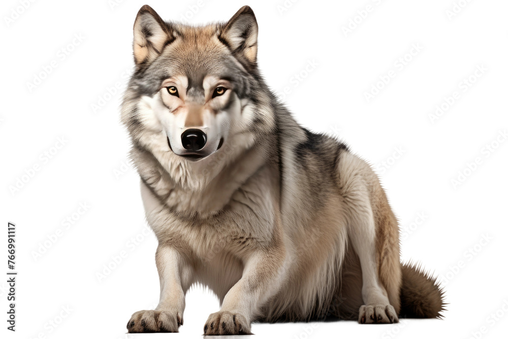 Wolf Sitting and Looking at Camera. On a Clear PNG or White Background.