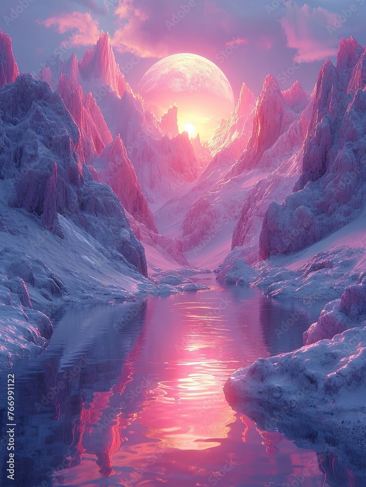 An otherworldly landscape with a giant pink moon over icy peaks reflected in calm waters