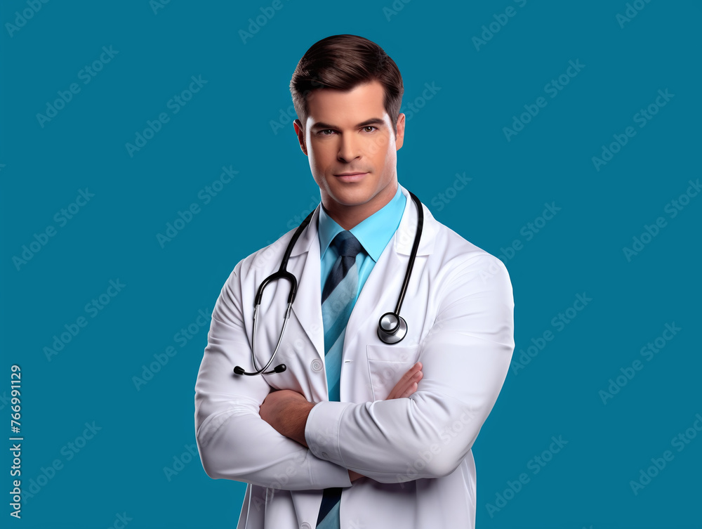 Male doctor in white coat with arms crossed against blue background