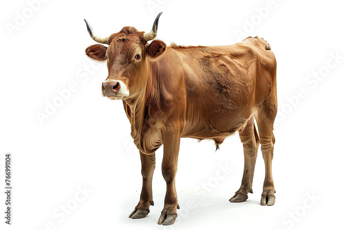 Brown or red cattle cow standing isolated on white background, side view, full body shot. livestock meat photos. © thebaikers
