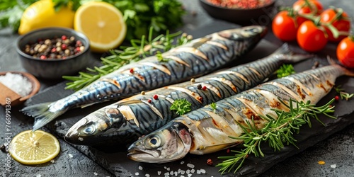 A sumptuous dinner of grilled mackerel, served with lemon and fresh herbs.