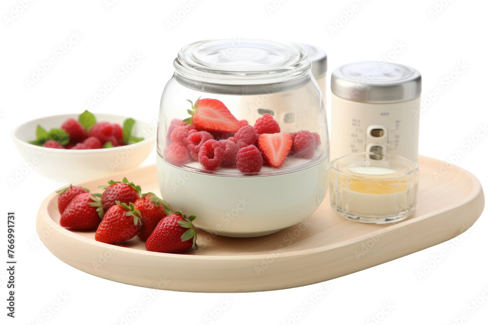 Strawberries and Yogurt on Tray. On a Clear PNG or White Background. Strawberries and Yogurt on Tray. On a Clear PNG or White Background.