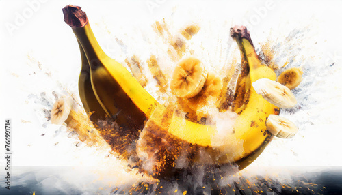 Explosion de bananes sur fond blanc
