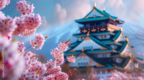 Blossoming Cherry Trees in Front of Traditional Japanese Castle