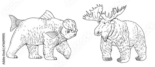 Fototapeta Naklejka Na Ścianę i Meble -  Coloring page with the animals mutants: Bear with moose head and with fish head. Coloring book with fantasy creatures.
