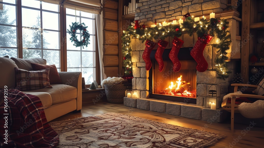 A cozy living room with a fireplace, decorated for Christmas. There is a sofa, a rug, and a basket full of blankets.