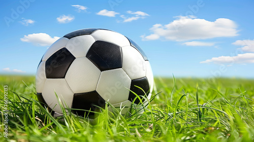 Classic Soccer Ball on Vibrant Green Grass Field © artem