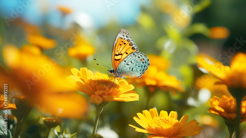 Butterfly closeup on orange flower in nature, outside in spring summer on a bright sunny day, daisy field, spring and summer is coming © DigitalDreamscape